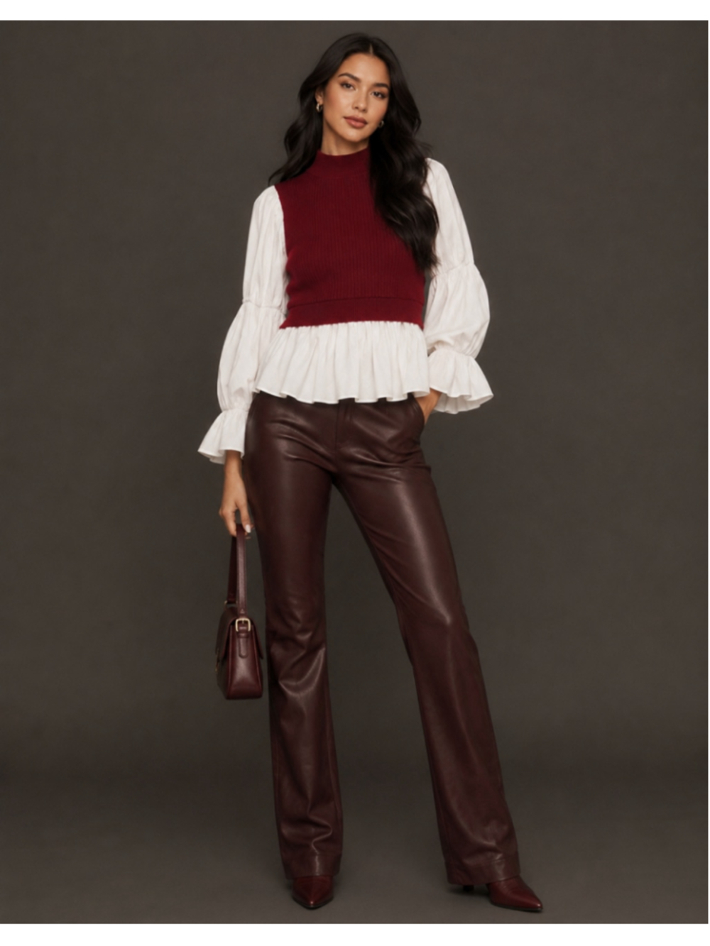 Anthropologie Burgundy White Mock Neck Puff Sleeve Peplum Sweater Blouse M - Picture 6 of 6